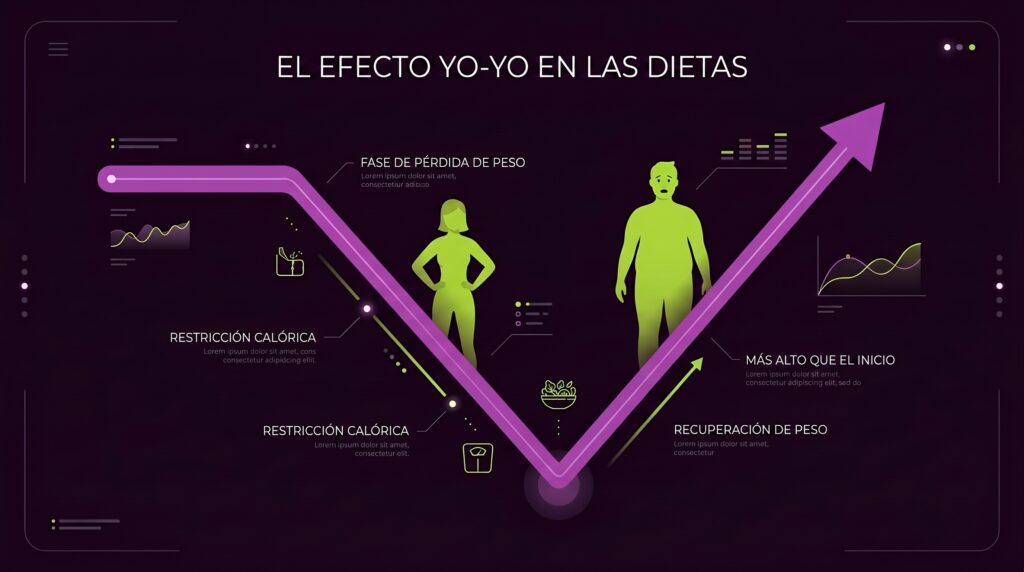 Gráfico del temido efecto rebote o dieta yo-yo por bajar de peso rápidamente.