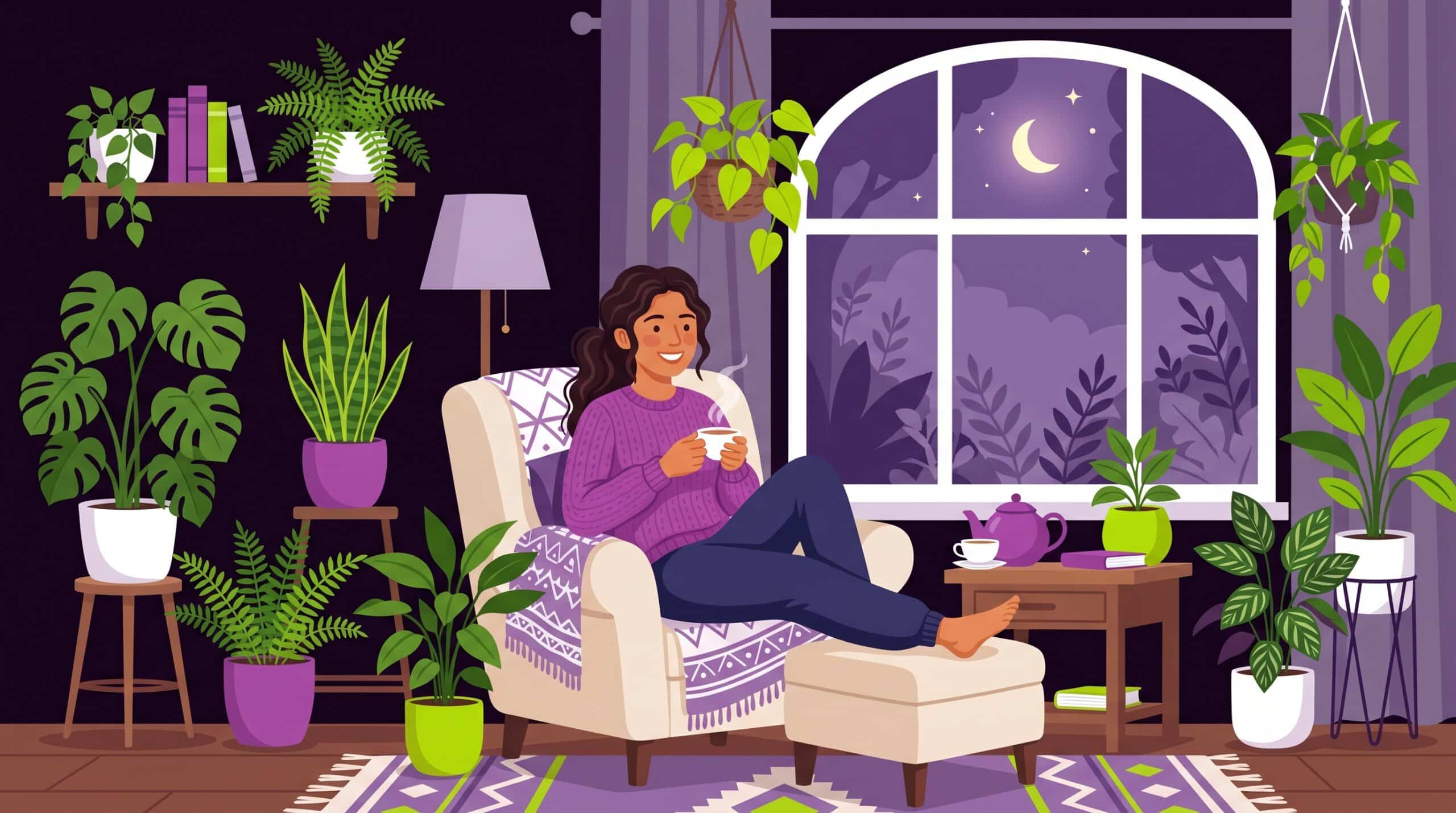 Ilustración de mujer tomando té, manejo del estrés