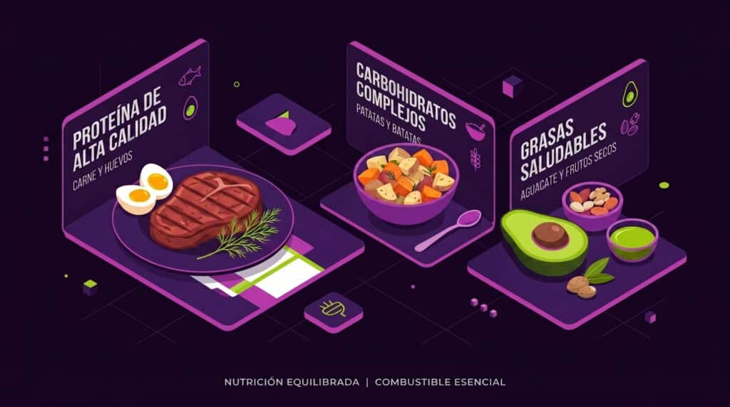 Iconos de proteínas, carbohidratos complejos y grasas saludables si no sabes qué comer para aumentar masa muscular.
