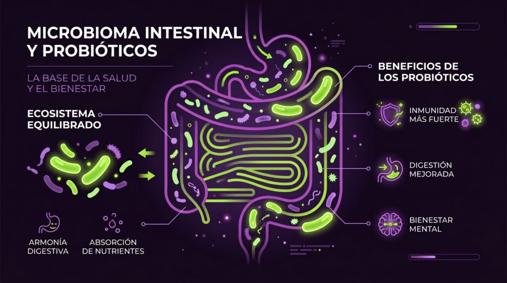 Ilustración infográfica abstracta de la microbiota intestinal y bacterias beneficiosas para prevenir el síndrome del intestino irritable.
