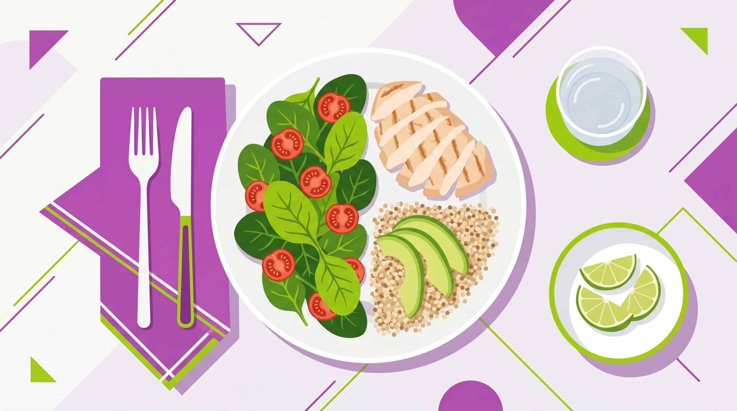 Ilustración de un plato equilibrado con verduras, proteína y carbohidratos