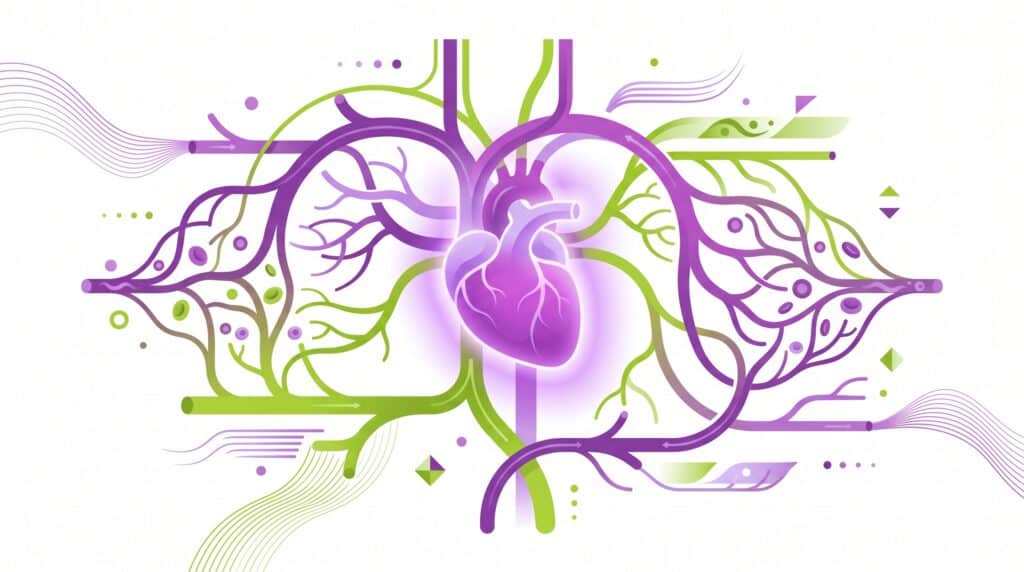 Ilustración de un corazón sano y vasos sanguíneos representando una presión arterial normal.