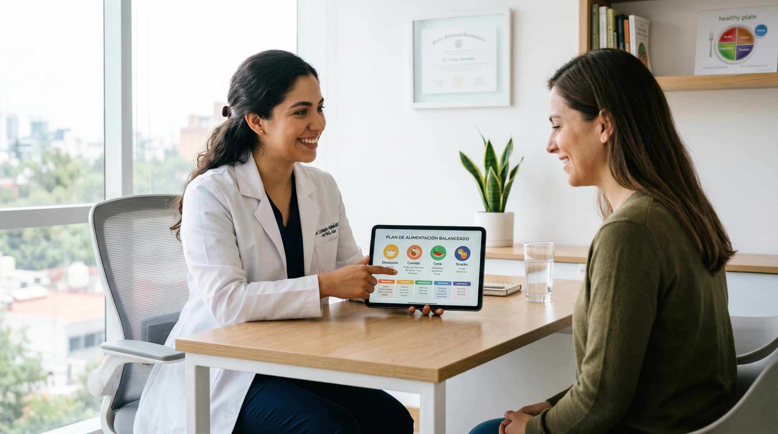 Nutrióloga profesional dando consulta de nutrición