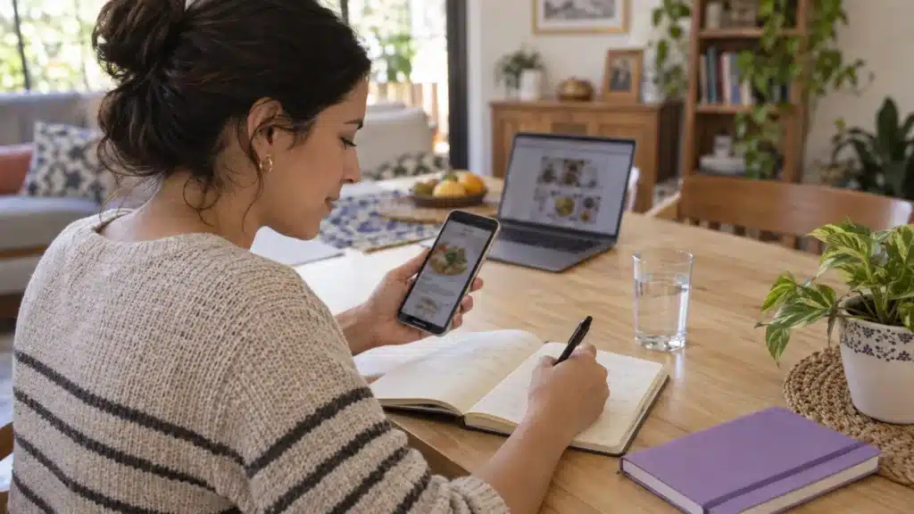 Mujer revisando información nutricional en el celular y tomando notas