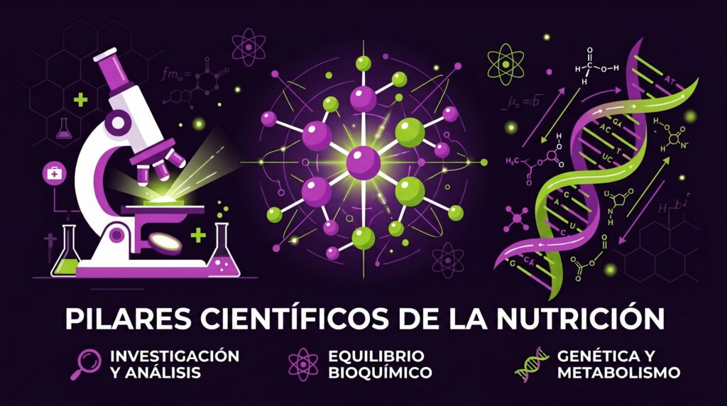 Ilustración abstracta mostrando microscopio, ADN y moléculas que representan la bioquímica y fisiología de la nutrición.