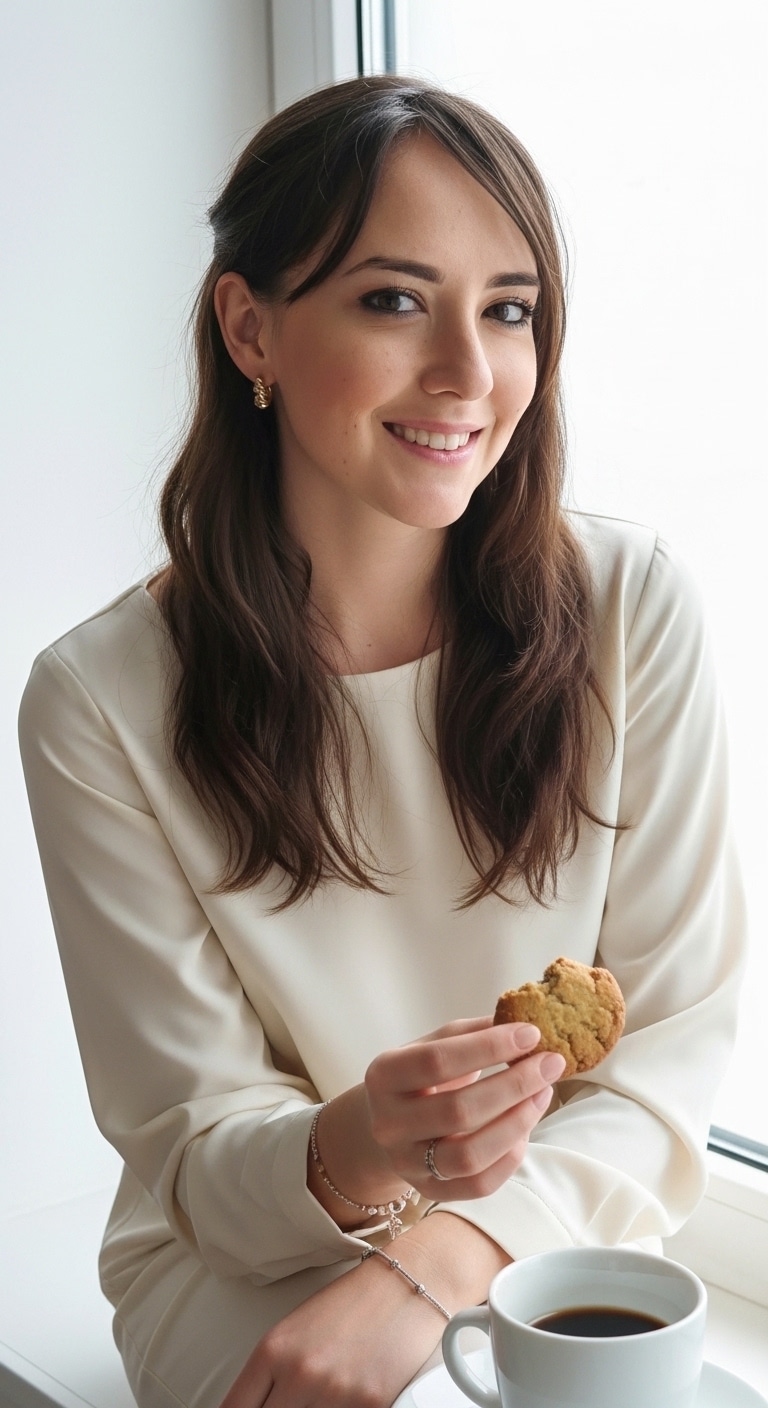 Nutrióloga en línea disfrutando de una galleta con café, demostrando una nutrición flexible y sin restricciones