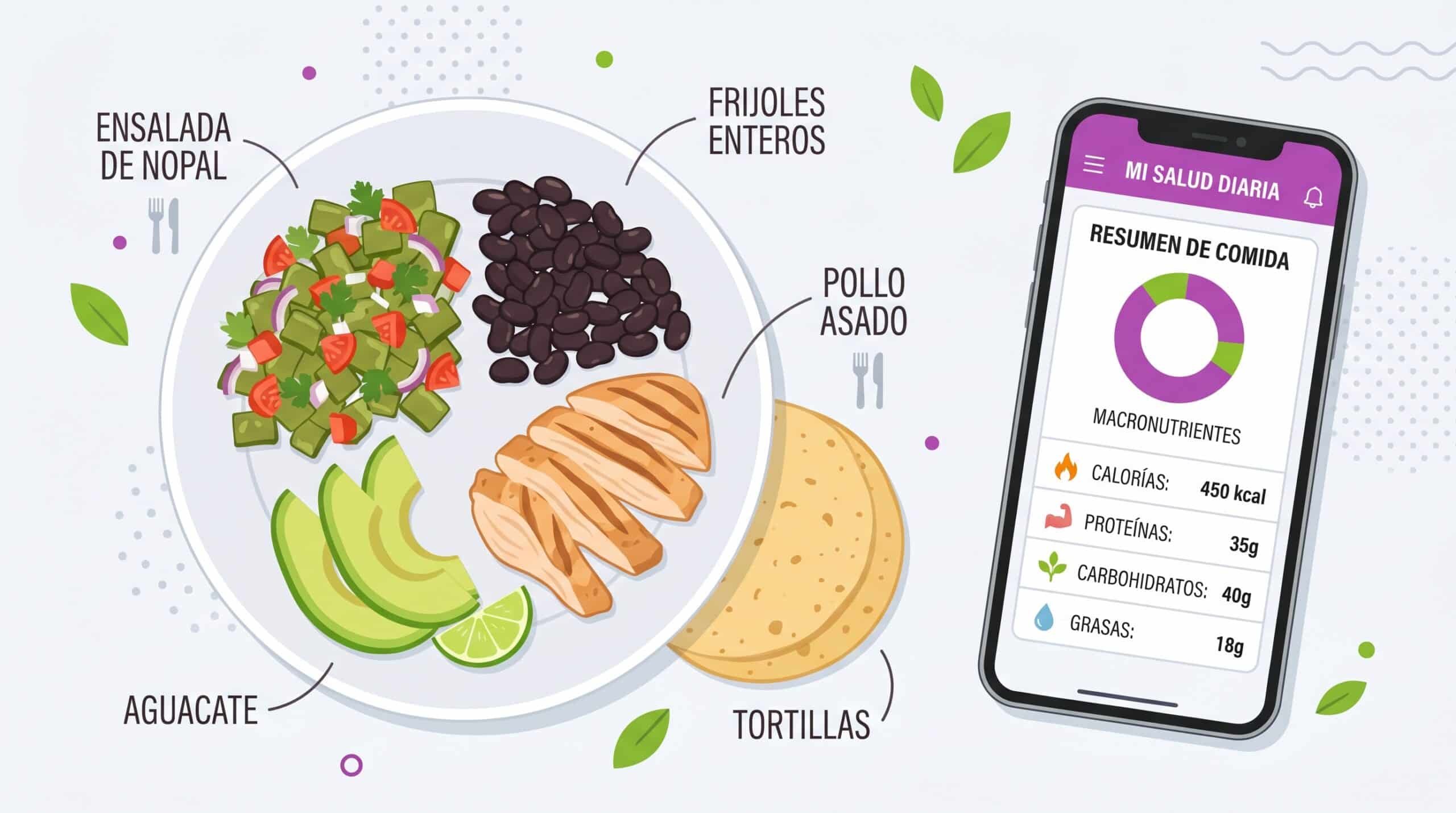 Plato de comida saludable con ingredientes tradicionales mexicanos junto a un celular con aplicación de salud.