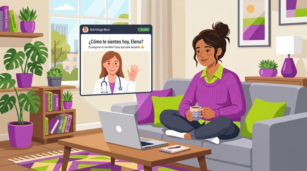 Mujer mexicana en Estados Unidos sonriendo durante una consulta de nutrición en línea en su laptop.