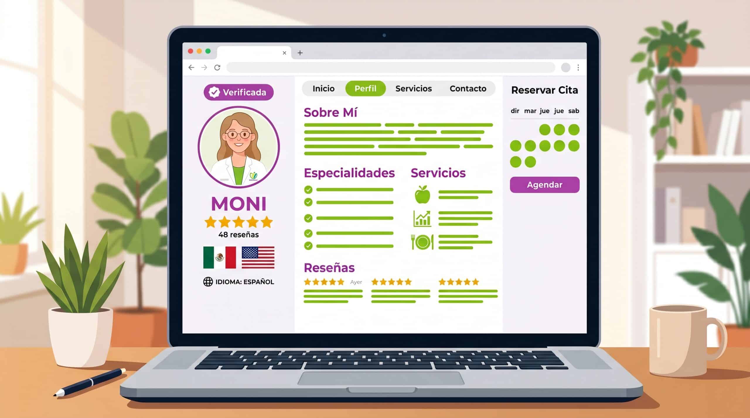 Perfil verificado de una nutrióloga en línea con excelentes calificaciones.