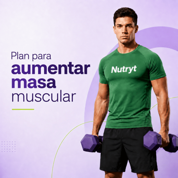 Imagen promocional de un plan para aumentar masa muscular con un hombre fitness sosteniendo mancuernas moradas sobre un fondo limpio en tonos lila y morado.