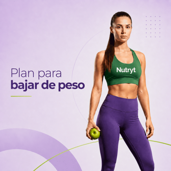 Imagen promocional de un plan para bajar de peso con una mujer fitness sosteniendo una manzana verde sobre un fondo limpio en tonos lila y morado.