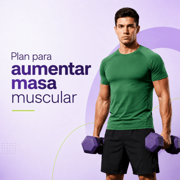 Imagen promocional de un plan para aumentar masa muscular con un hombre fitness sosteniendo mancuernas moradas sobre un fondo limpio en tonos lila y morado.