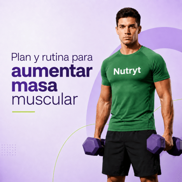 Hombre con playera verde Nutryt sosteniendo mancuernas moradas junto al texto Plan y rutina para aumentar masa muscular.