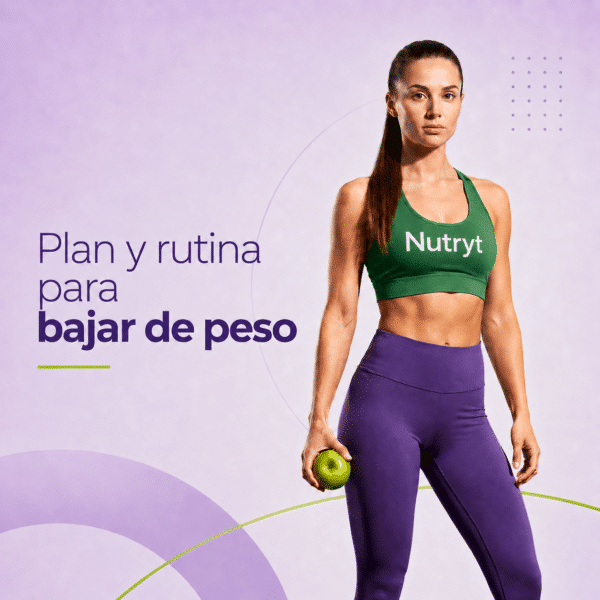 Mujer con ropa deportiva Nutryt sosteniendo una manzana verde junto al texto Plan y rutina para bajar de peso.