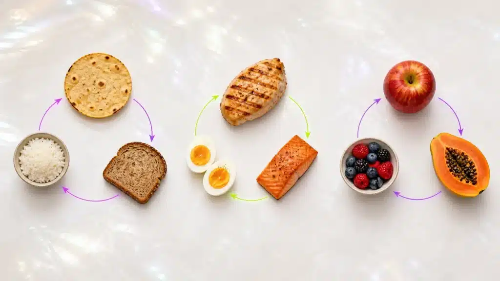 Alimentos del mismo grupo conectados como opciones de intercambio: tortilla, arroz y pan; pollo, huevo y salmón; manzana, frutos rojos y papaya.