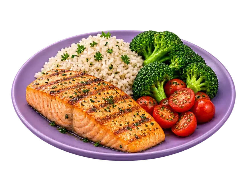 Plato con salmón, arroz y verduras