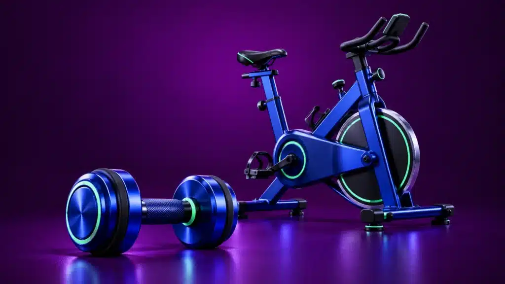 Bicicleta estática y mancuerna para representar cardio y fuerza