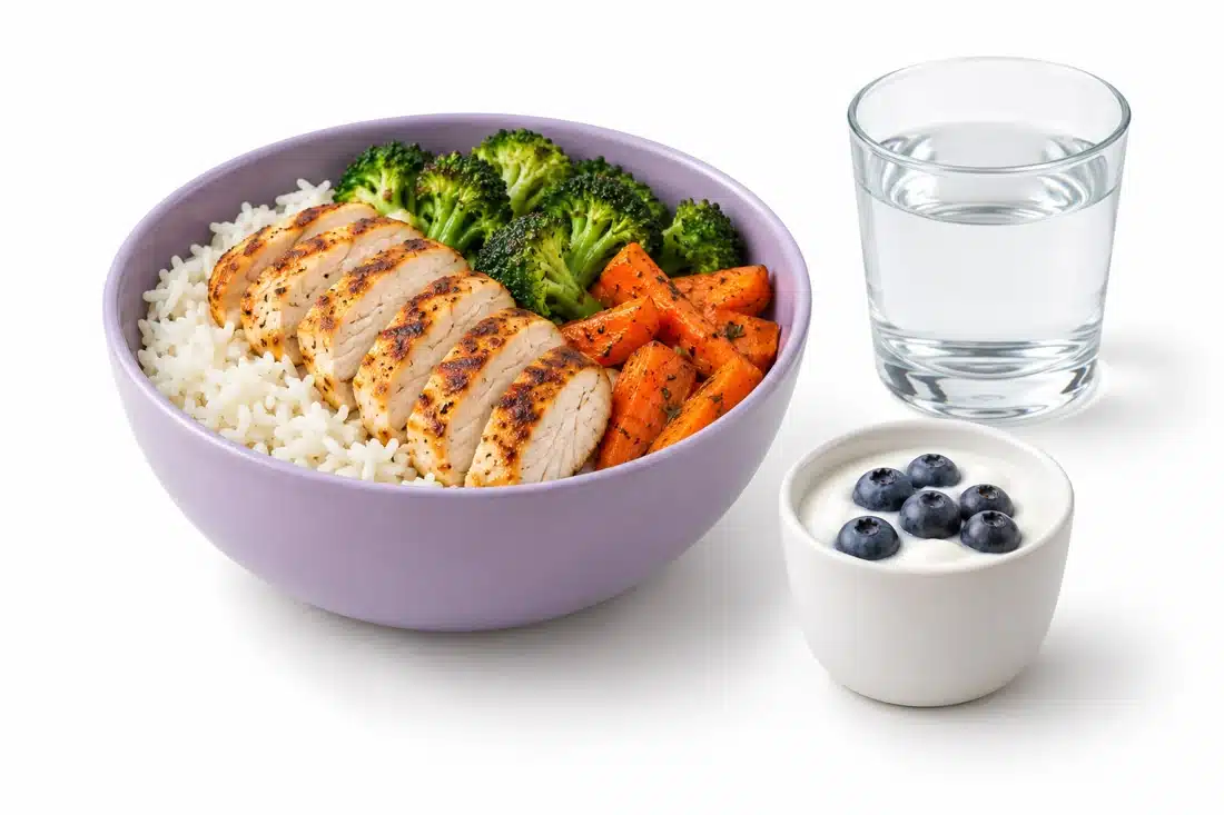 Arroz con pollo y verduras, yogur y agua como ejemplo de una comida variada