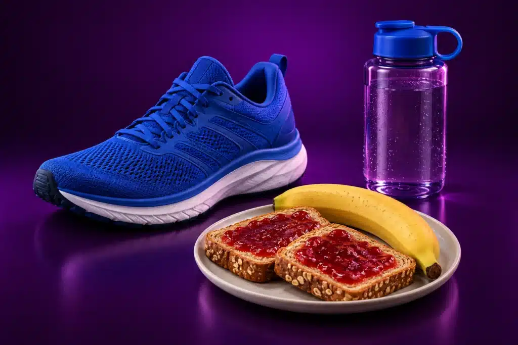Tenis de correr, botella y desayuno de pan con mermelada y plátano
