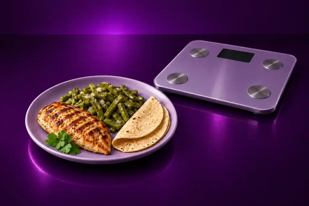 Comida con pollo, nopales y tortillas junto a una báscula