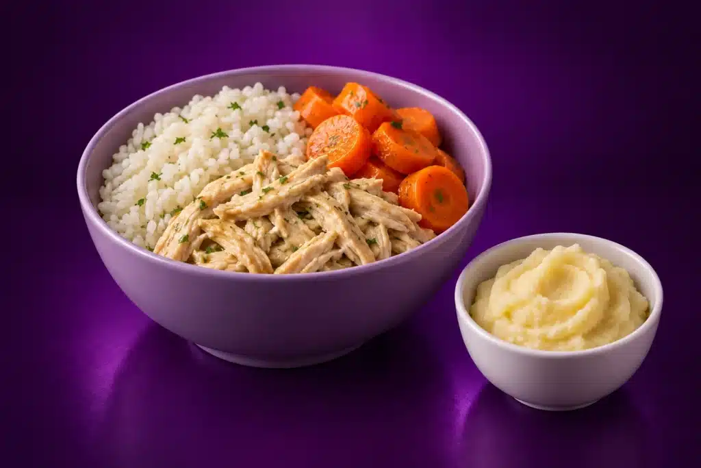 Arroz con pollo deshebrado y zanahoria junto a un puré de papa