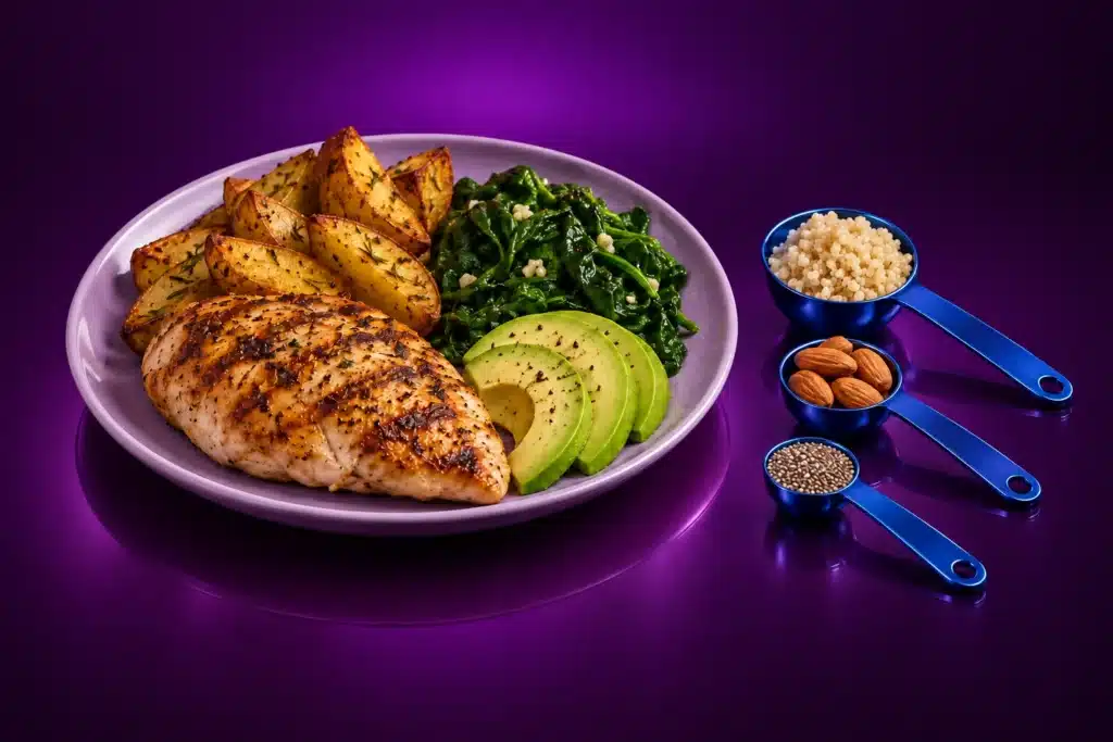 Plato con pollo, papa y verduras junto a medidas para organizar equivalentes