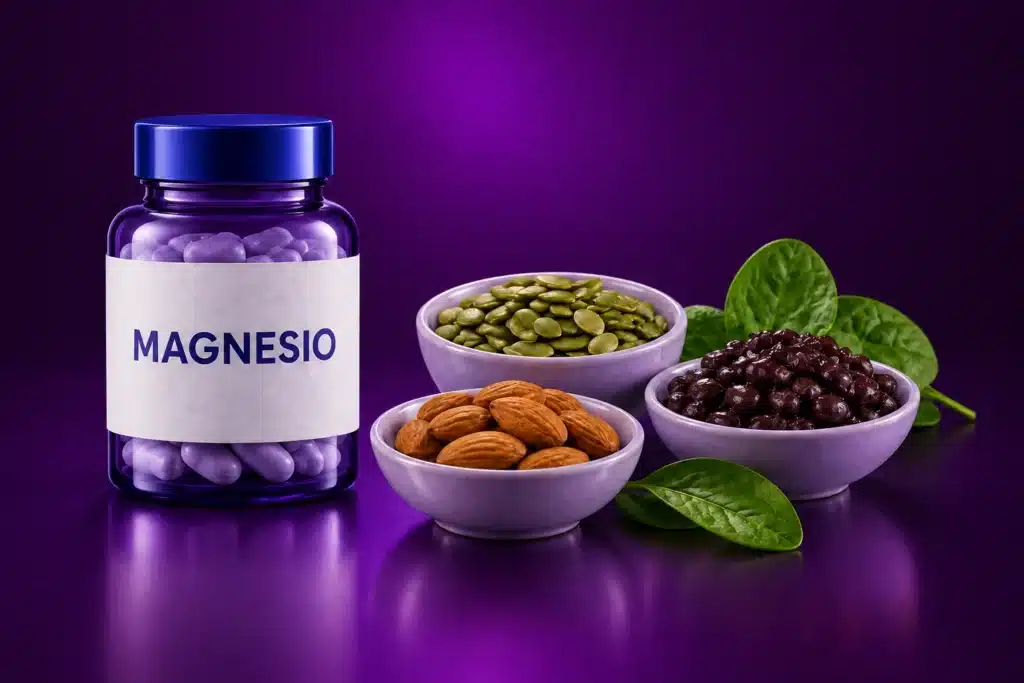 Suplemento rotulado Magnesio junto a pepitas, almendras, frijoles y espinaca