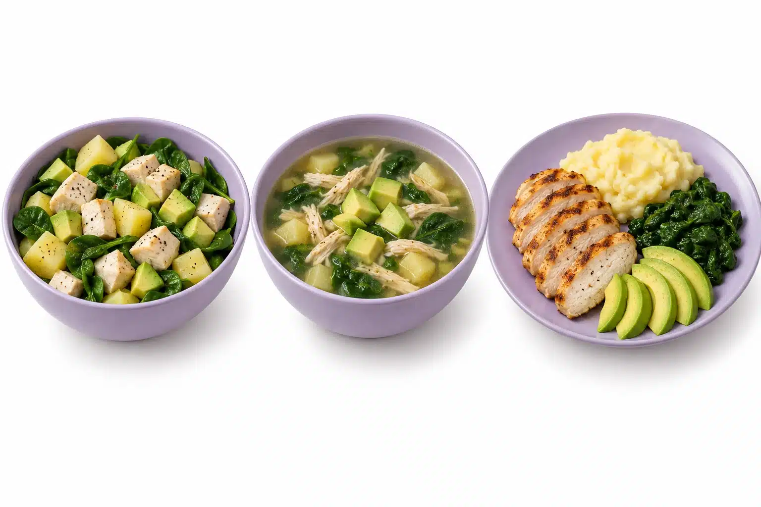 Los mismos ingredientes en ensalada, sopa y plato con guarniciones