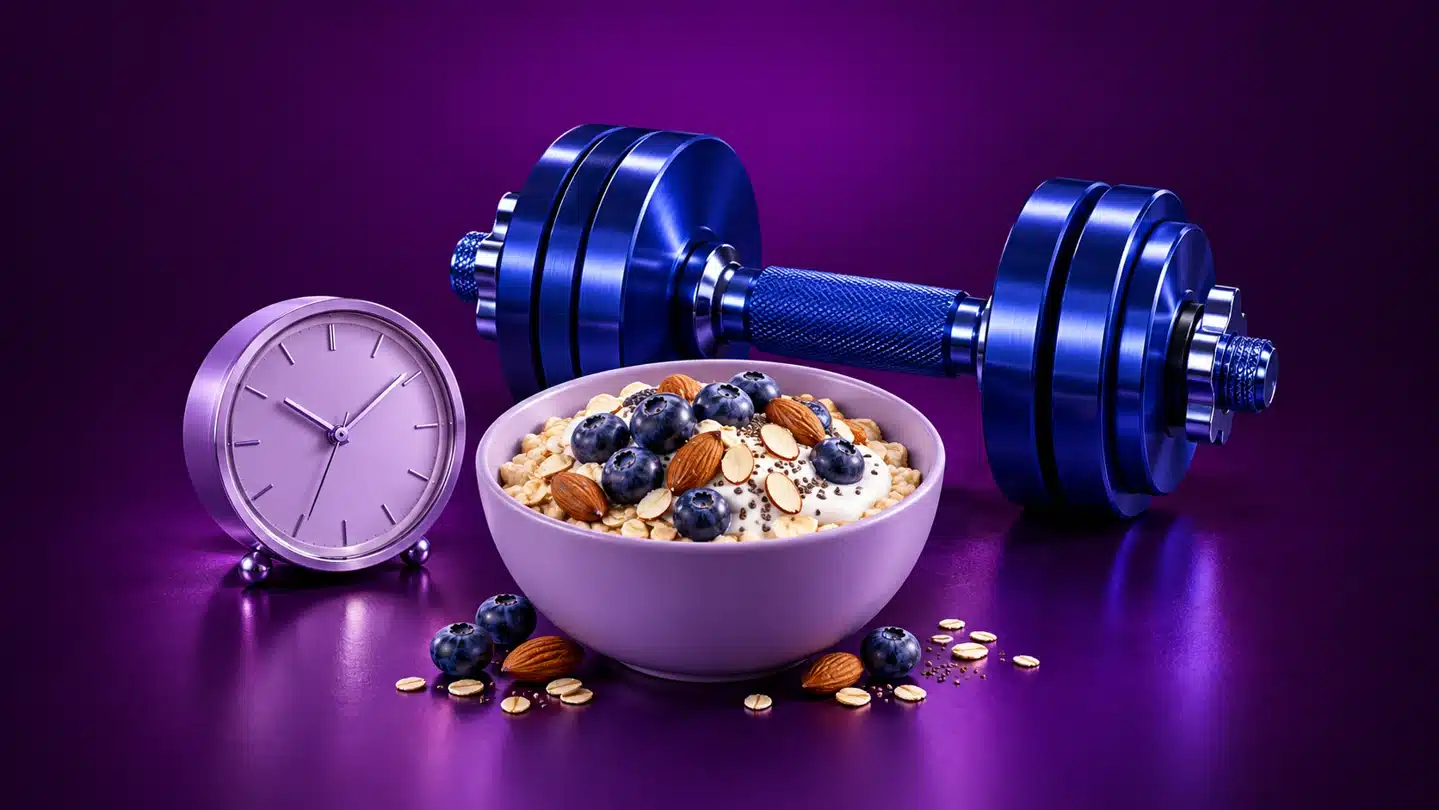 Reloj, mancuerna y comida para representar horarios, fuerza y alimentación