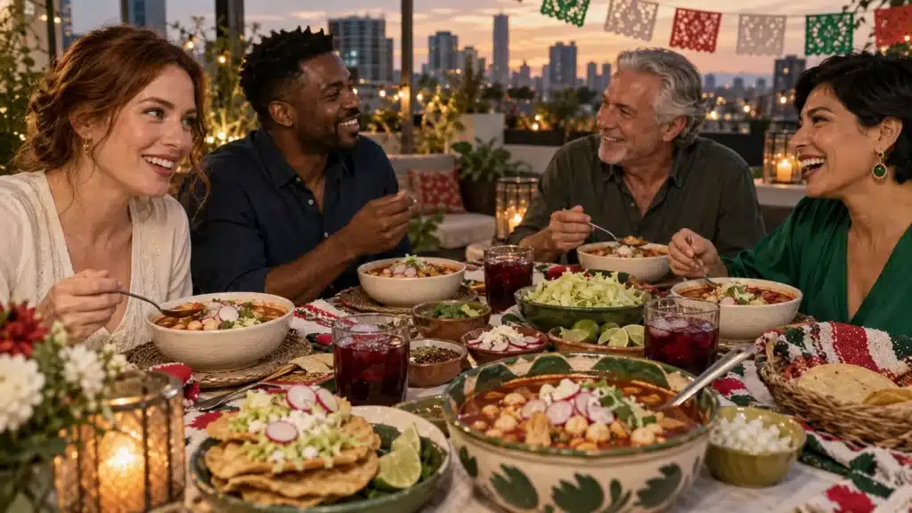 Amigos compartiendo pozole y tostadas en una cena de fiestas patrias en una terraza