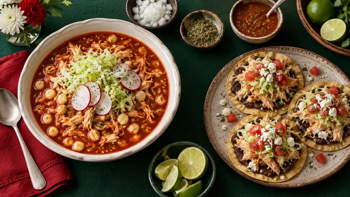 Pozole rojo de pollo con maíz, lechuga y rábanos, acompañado de tostadas de frijoles y pollo