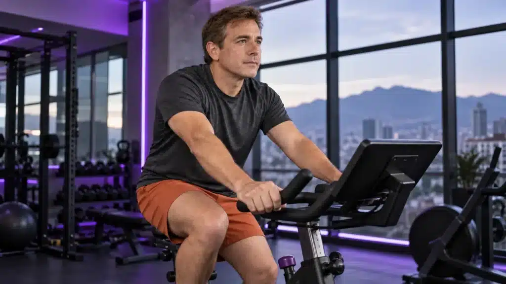 Hombre entrenando en una bicicleta fija dentro de un gimnasio