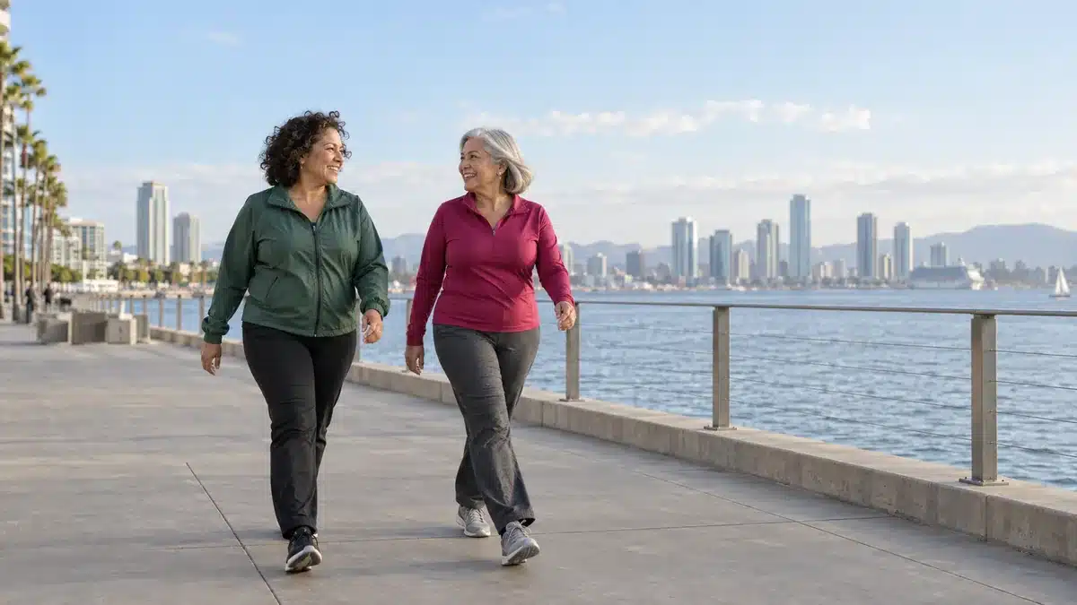 Dos mujeres caminando juntas a paso activo por un paseo junto al agua
