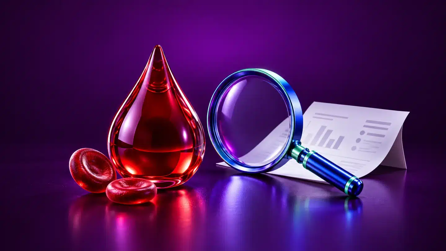 Gota roja, células sanguíneas y lupa para representar la valoración del hierro