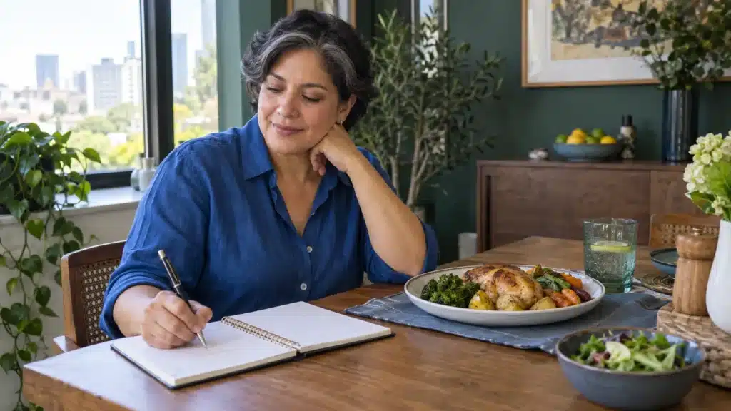 Mujer revisando una agenda junto a una comida de pollo, papa y verduras en casa