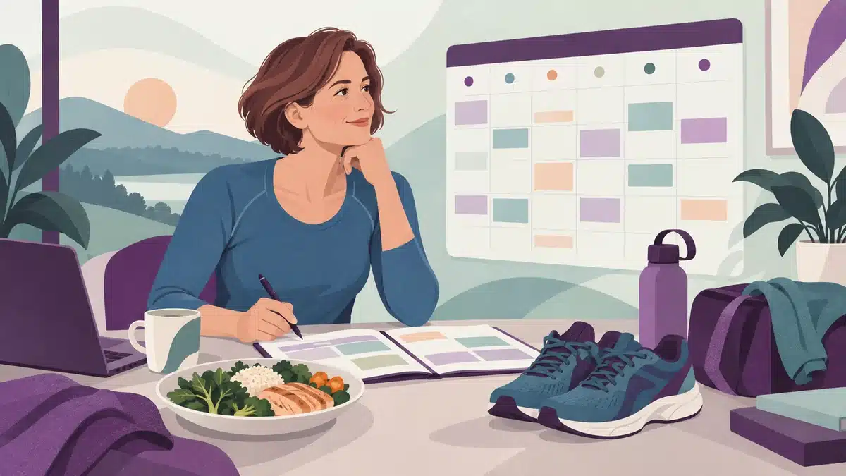 Ilustración de Ana organizando una agenda, su alimentación y una nueva rutina de carrera