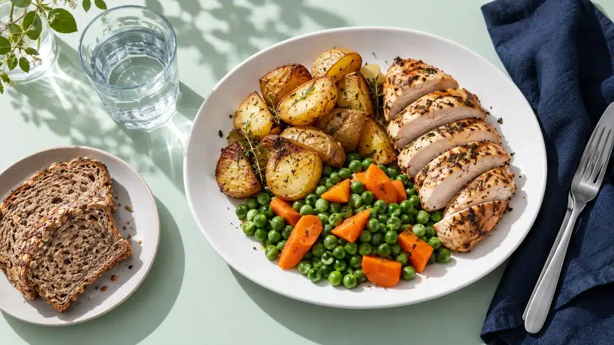 Plato de pollo con papas, chícharos y zanahoria, acompañado de pan integral y agua