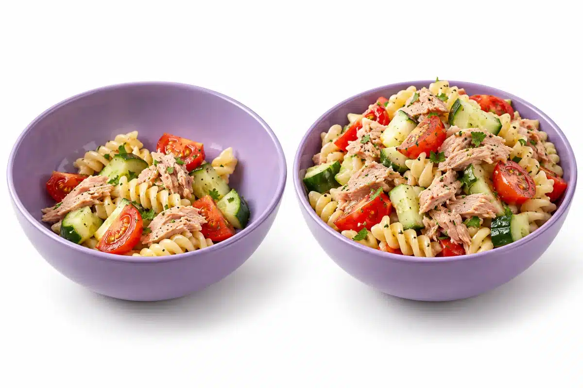 Dos tazones de ensalada de pasta con atún y verduras, con porciones claramente diferentes.