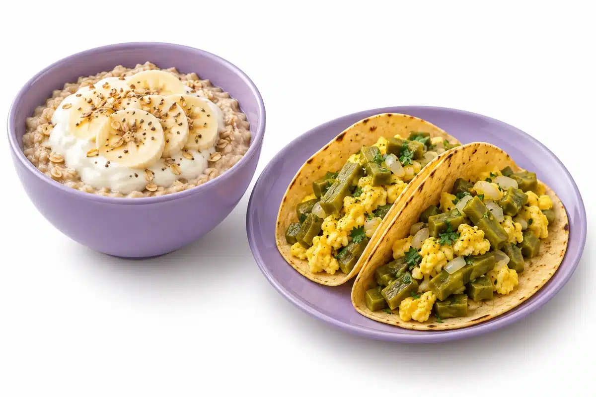 Avena con yogur y plátano junto a tacos de huevo con nopales.