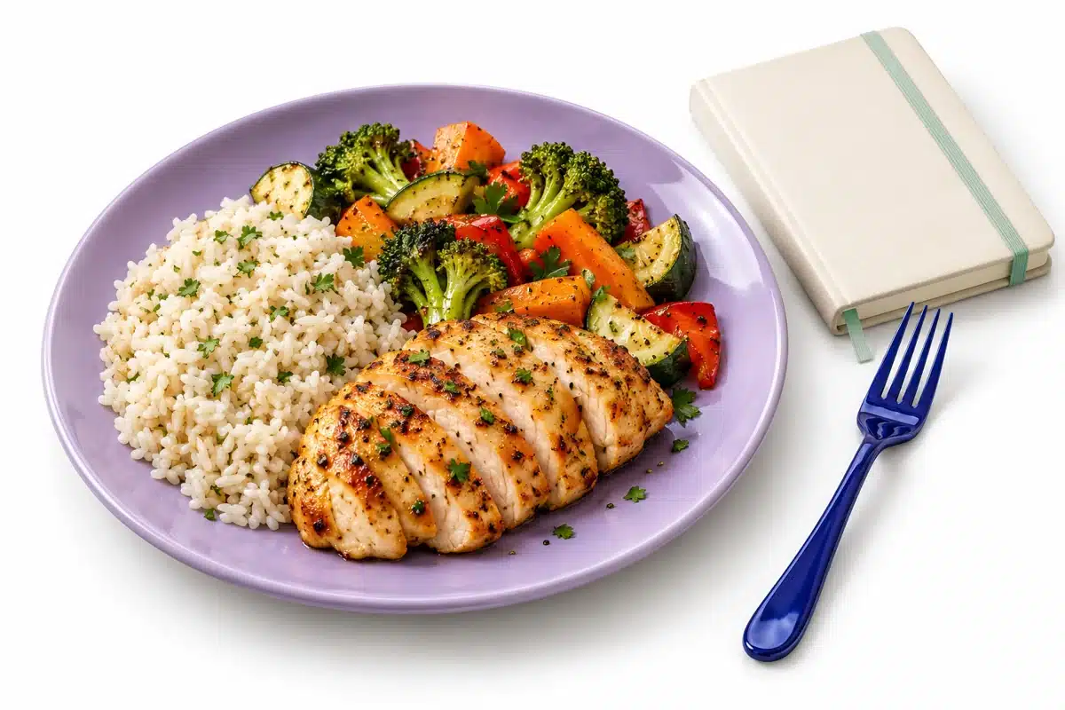 Comida cotidiana con pollo, arroz y verduras junto a una libreta.