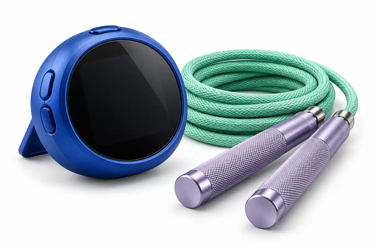 Temporizador deportivo junto a una cuerda para saltar.
