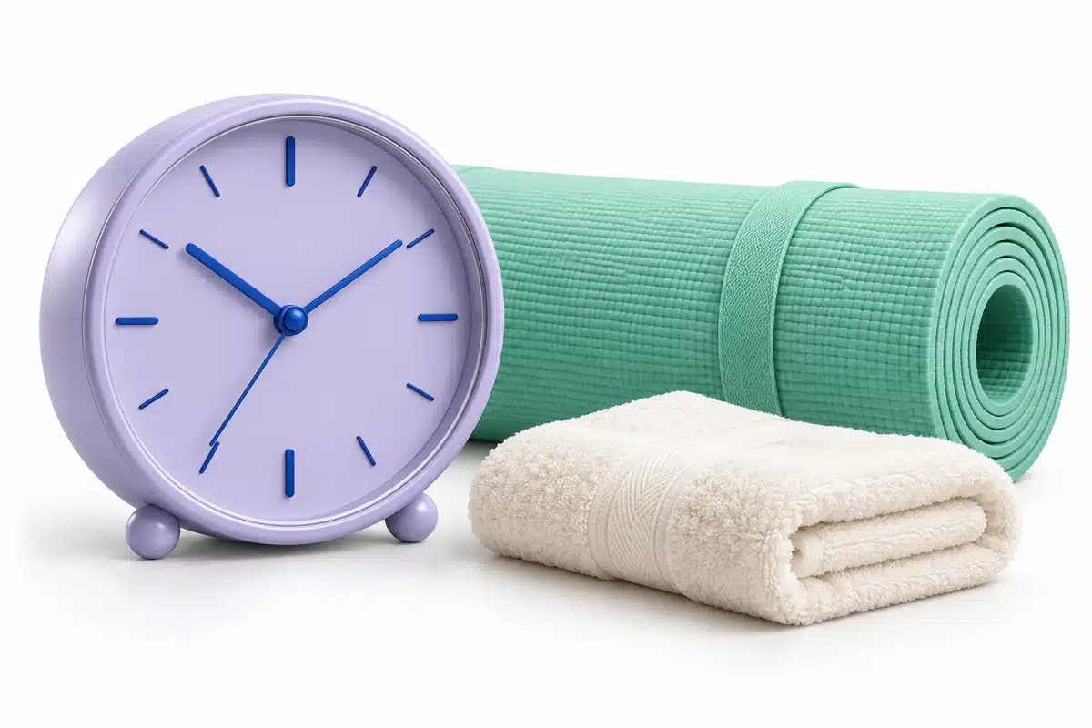 Reloj junto a una colchoneta y una toalla de ejercicio.