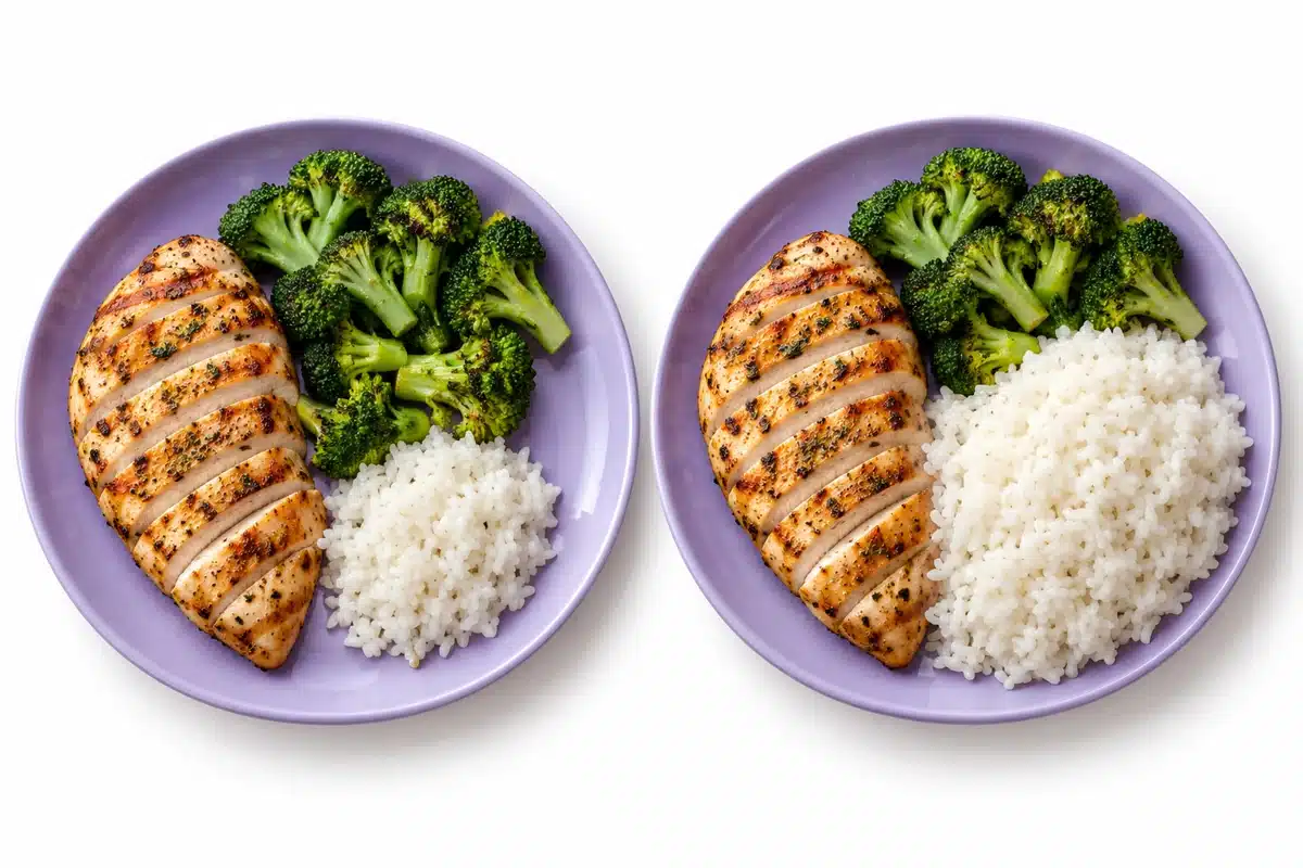 Dos platos con pollo y brócoli; uno con poco arroz y otro con una porción claramente mayor.