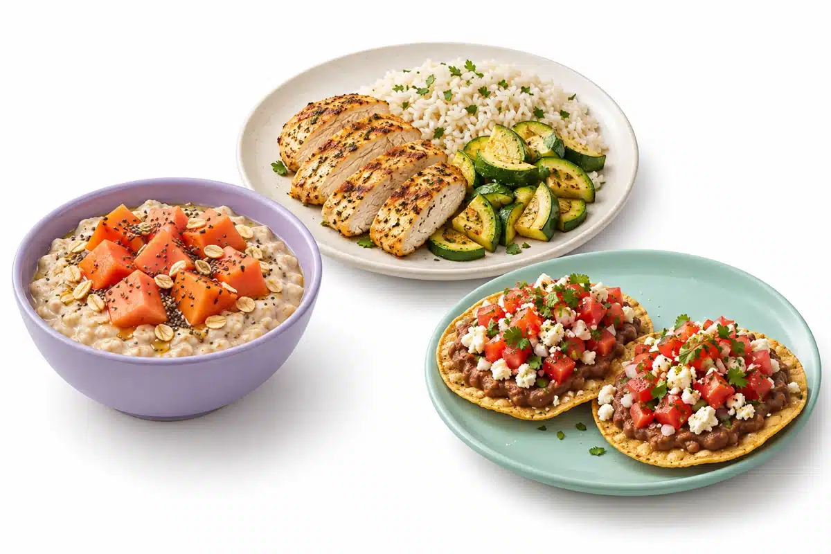 Avena con papaya, pollo con arroz y verduras, y tostadas de frijoles con panela.