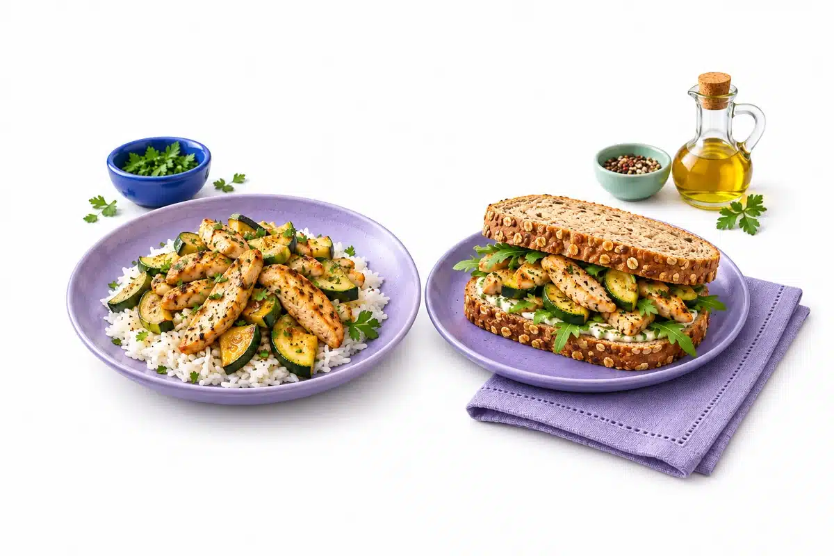 Pollo y calabacita servidos con arroz y los mismos ingredientes en un sándwich.