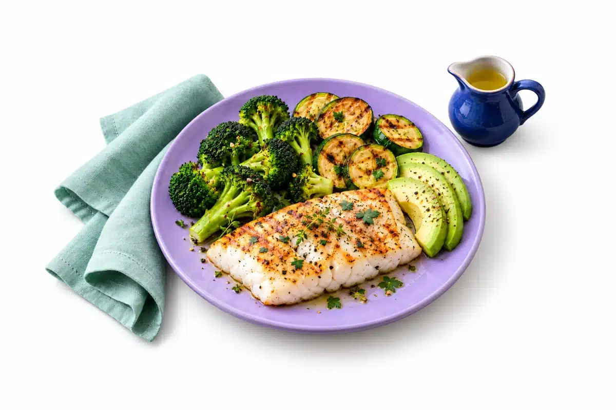 Pescado blanco con brócoli, calabacita y aguacate en un plato.