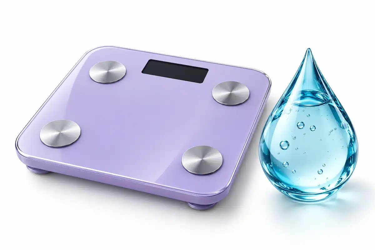 Báscula junto a una gota de agua transparente.