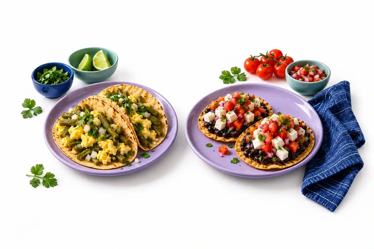 Tacos de huevo con nopales y tostadas de frijoles con panela y jitomate.