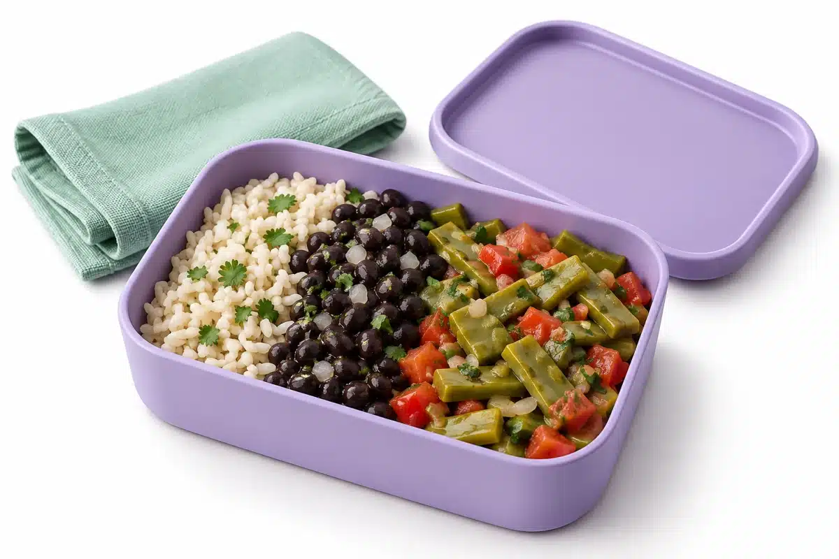 Recipiente con arroz, frijoles y nopales para llevar al trabajo.