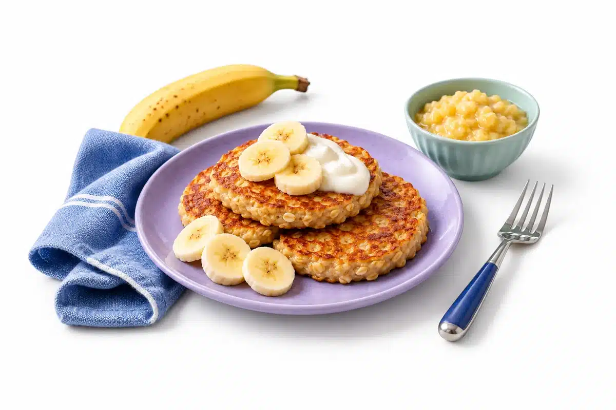 Hotcakes dorados de plátano y avena junto a plátano machacado.